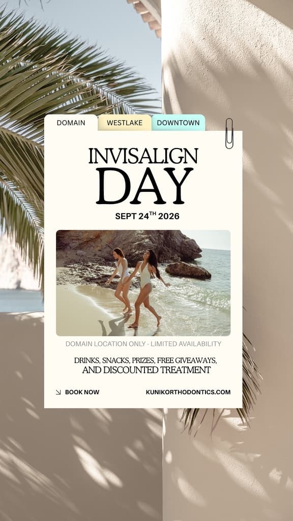 Invisalign Day, September 24th 2026. Domain location only, limited availability. Drinks, snacks, prizes, free giveaways, and discounted treatment. Book now at kunikorthodontics.com.